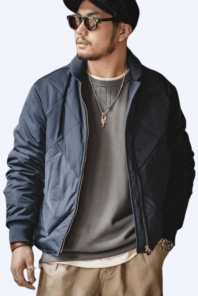 Retro Stand Collar Parka Men’s Solid Color Warm Thick Cotton Jacket Fashion Casual Coat Male Outerwear Jackets for Man Trending in Navy Blue