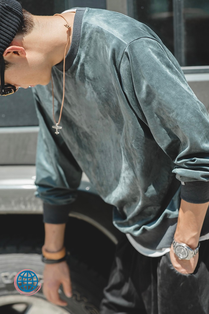 Velvet Cotton Crewneck Sweatshirt Men’s Retro Vintage Harajuku O-Neck Clothing Coat Causal Sweatshirts for Man Trending in Blue Gray / Grey