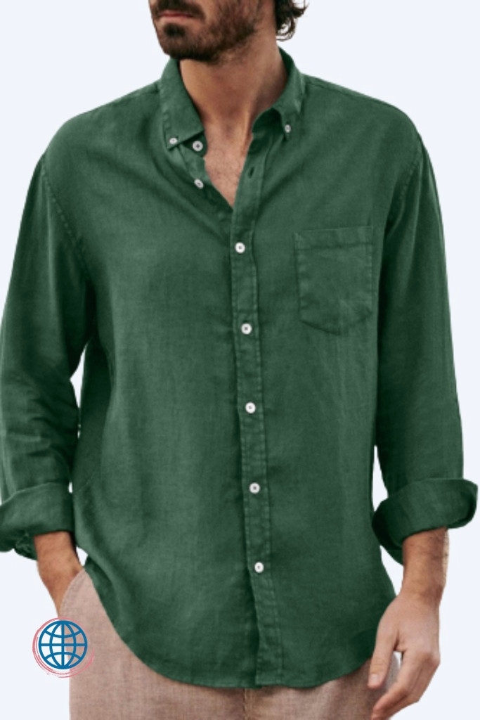 Cotton-Linen Shirt Men’s Casual Solid Long Sleeve With Top Pocket Button Collar 3XL for Man Trending In Green