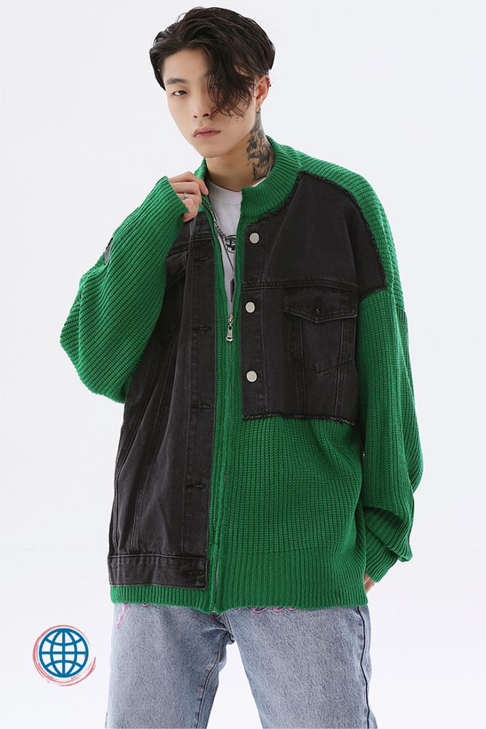 Patchwork Denim Cardigan Men's Vintage Sweater Washed Oversized Zipper Up Casual Baggy Cardigans Sweaters Jacket for Man Trending in Green