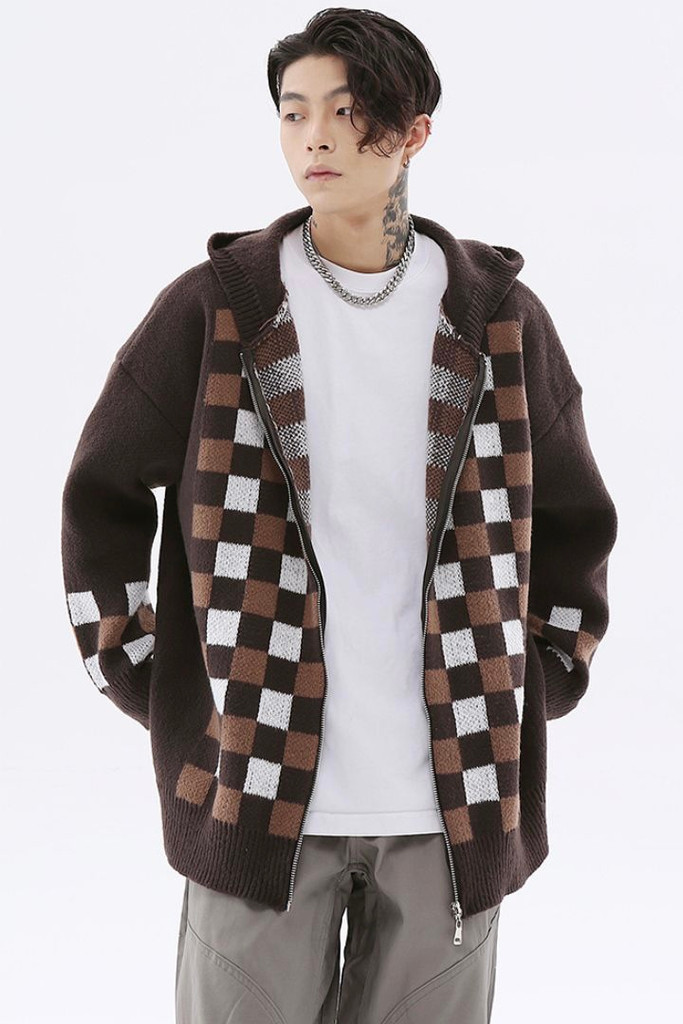 Hood Oversized Cardigan-Sweater Men’s Plaid Hooded Harajuku Streetwear Mens Oversize Checkered Patchwork Cardigans Sweaters Outwear for Man Trending in Auburn Brown