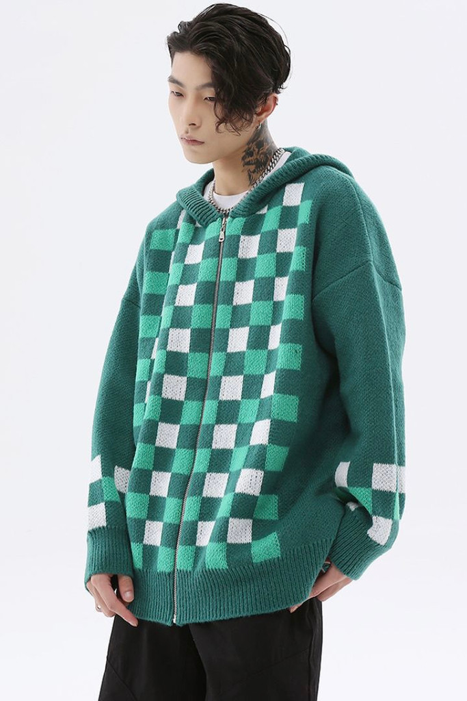 Plaid Hood Cardigan Sweater Harajuku Streetwear Mens Womens Oversized Checkered Patchwork Cardigans Sweaters Outwear Trending in Green