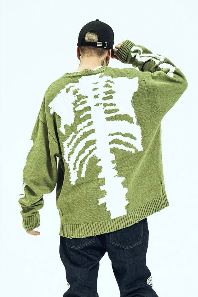 Hip Hop Hole Bone Sweater Men’s Japanese Streetwear Distressed Pullovers Men Green Oversized Bones Embroidery Knitted Japan Sweaters Trending for Man