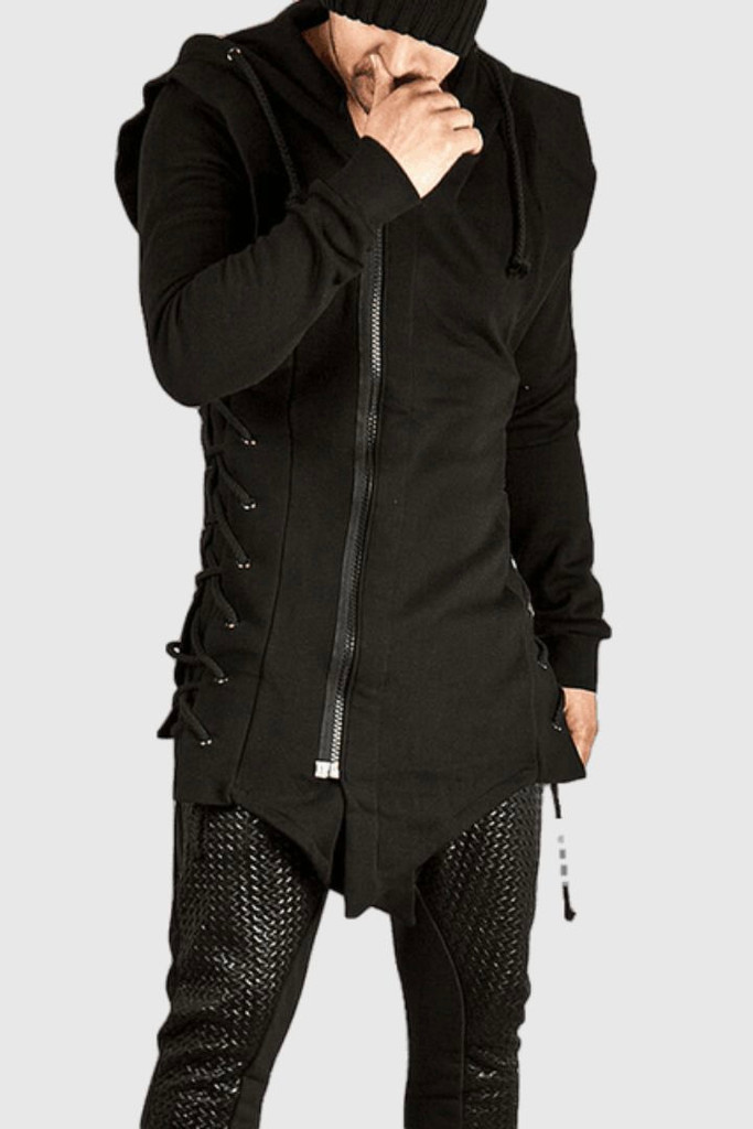 Mid-Length Hood Coat Men’s European American Men Hooded Jacket Casual Street Coats Personality Dark Style Gothic Grunge Zipper Coats for Man Trending in Black