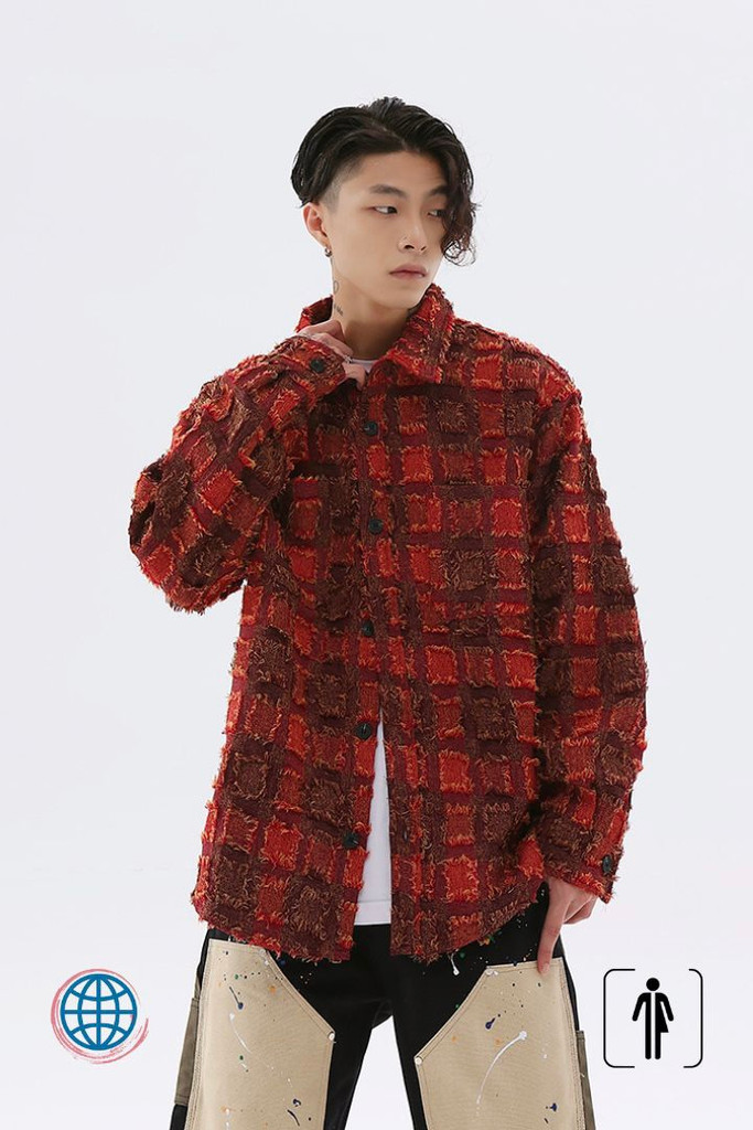 Plaid Patch Shirt Jacket Men’s Oversized Long-sleeved Tassel Distressed Jackets Coats Women Retro Long Sleeve Patchwork Streetwear for Man Trending in Red