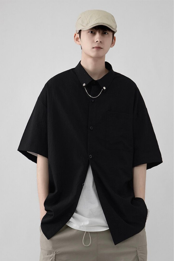 Ice Silk Linen Short Sleeve Shirt Men’s Thin Solid Color Casual Short Sleeved Shirt Youth Men Clothes Trend Tops for Man Trending in Black