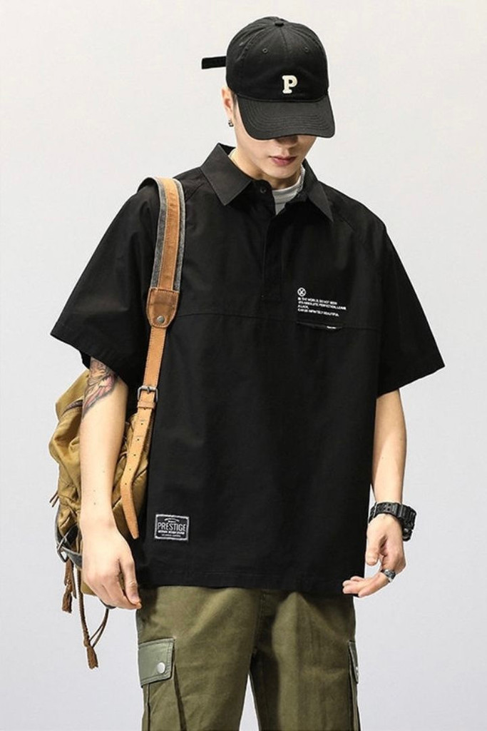 Retro Polo Shirt Men’s Japanese Short Sleeve Loose Thin Tooling Lapel Simple Casual Street Japan T-shirt Clothing for Man Trending in Black