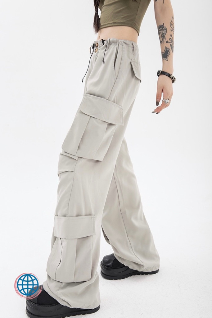 High-Rise Cargo Pants Woman's High Rise Waist Vintage Straight Baggy Streetwear Multi-pocket Y2K Drawstring Wide Leg Gray / Grey Trousers Trending for Woman