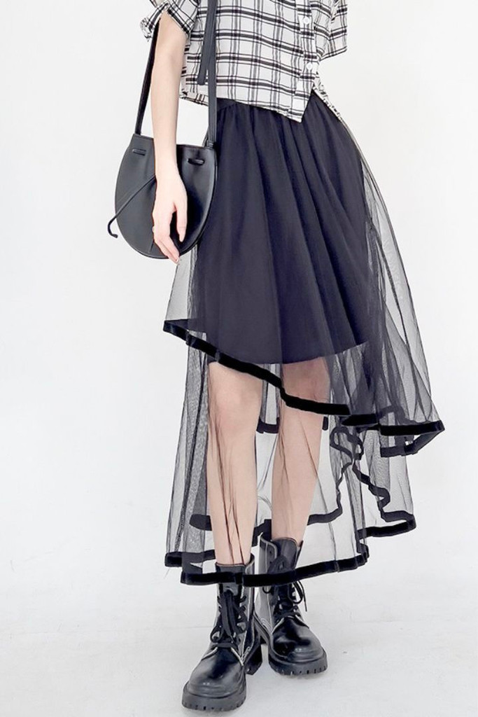 Mid Calf A-Line Mesh Skirt Women's Classic Black Half Body Irregular Patchwork High Rise Waist Casual Korean Fashion Baggy Vintage Korea Long Skirts Trending for Woman
