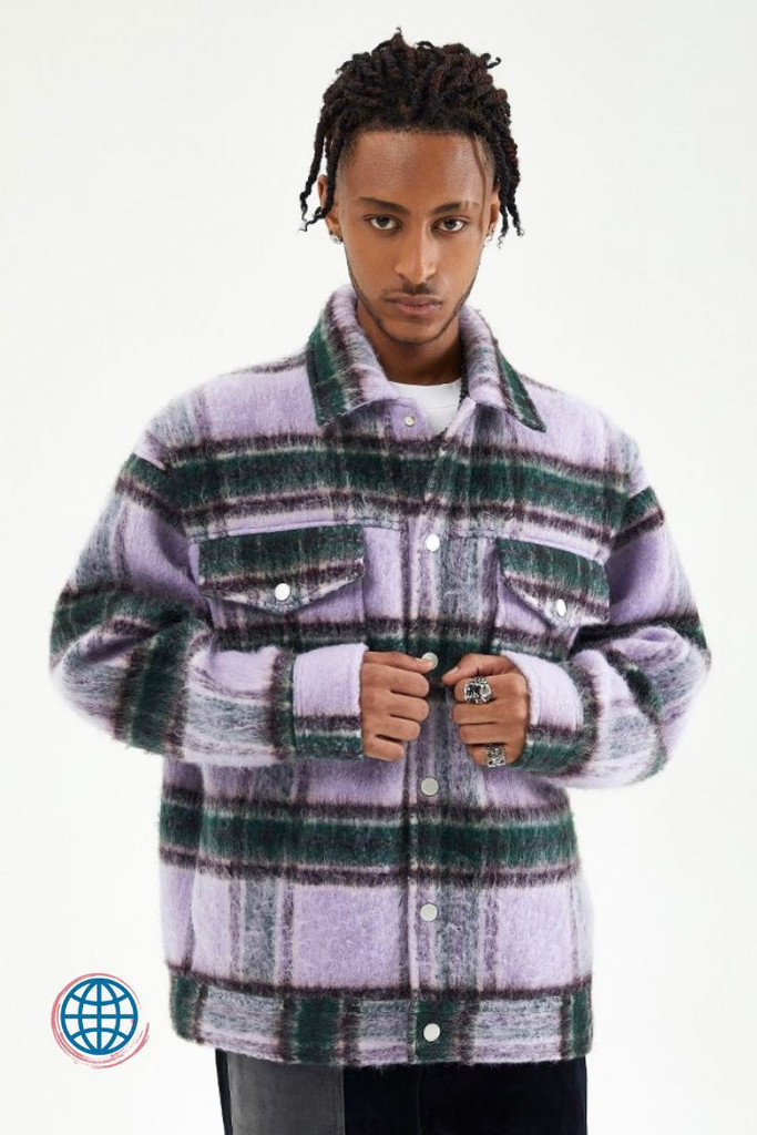 Mohair Plaid Jacket  Men’s Oversized Psychedelic Wool Outwear Woolen Patchwork Shirt Thick Jackets Coats Outerwear Streetwear for Man Trending in Purple