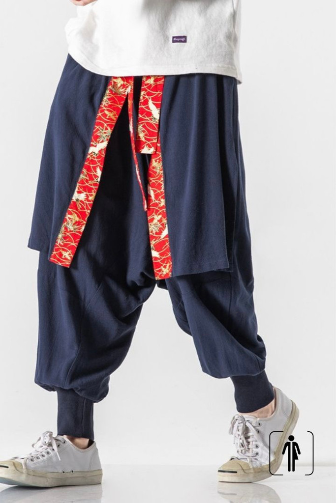 Japanese Loose Crane Kimono Pants Unisex Mens Women’s Fashion Casual Trouser Plus Size Linen Tie Feet Drawstring Japan Vintage Harem Pant for Man Woman Trending in Navy Blue