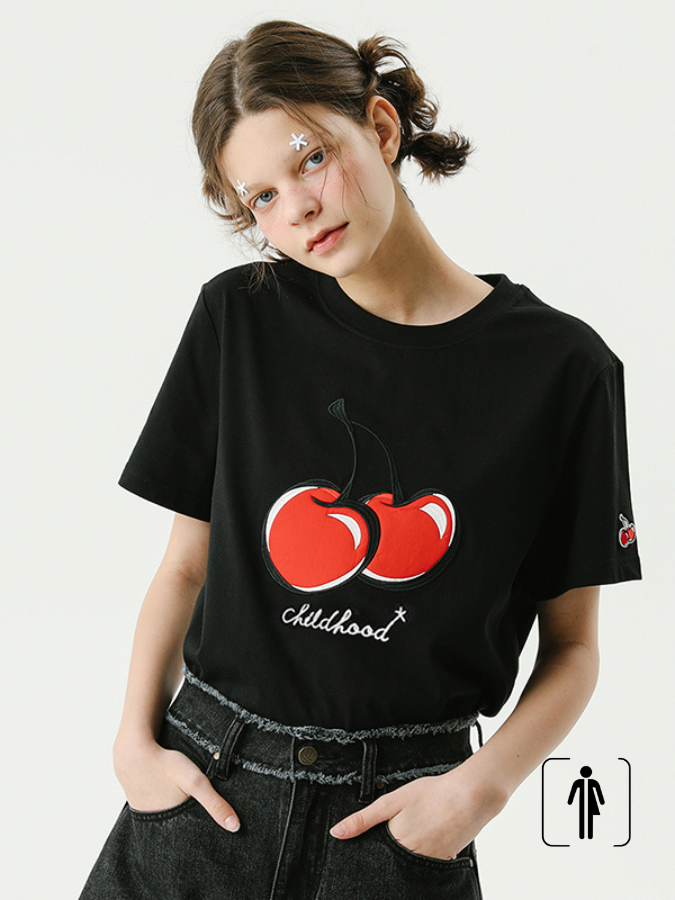 Graphic Crewneck Fruit T-Shirt  Unisex Anywear Mens Women’s Summer Casual Basic Round O-Neck Tops Cherry Embroidery Patch Tee Tshirts Short Sleeve Childhood Cherries T-Shirts for Woman Trending in Black