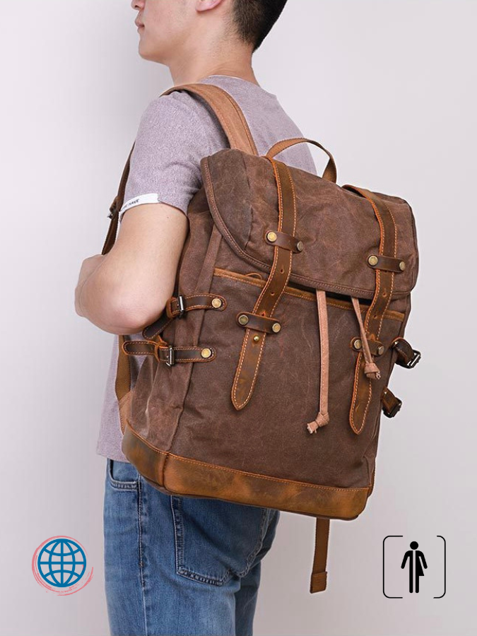 Oil Waxed Canvas Backpack  Unisex Anywear Men's Women’s Vintage Style Leather Belts Large Capacity Unisex Hiking Bags Multi-Function Travel Backpacks Trending In Auburn Brown