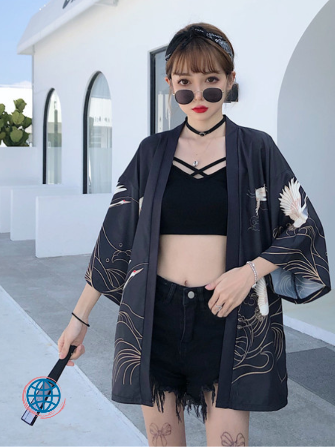Thin Yukata Kimono Cardigan  Women’s Sun-proof Jacket Coat Japanese Summer Kimonos Chiffon Cardigans Loose See-Through Crane Birds print Outer Garment Jackets Japan Outerwear Trending for Woman in Black