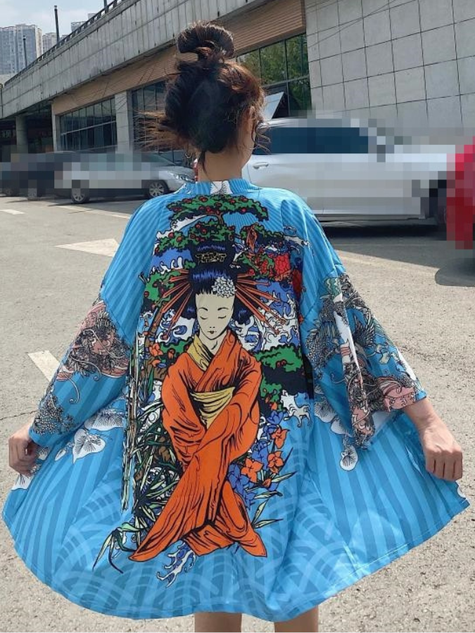 Thin Haori Cardigan Kimono Yukata Women’s Japanese Summer Loose Outer Garment Cardigans Kimonos Japan Geisha Girl print Outerwear Trending for Woman in Blue