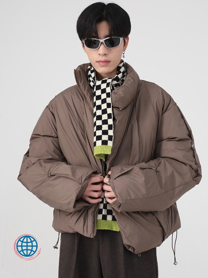 Stand Collar Padded Jacket Mens Winter Korean Male Padded Fashion Personalized Solid Color Short Cotton Coat Korea Jackets Trending for Man in Coffee Brown