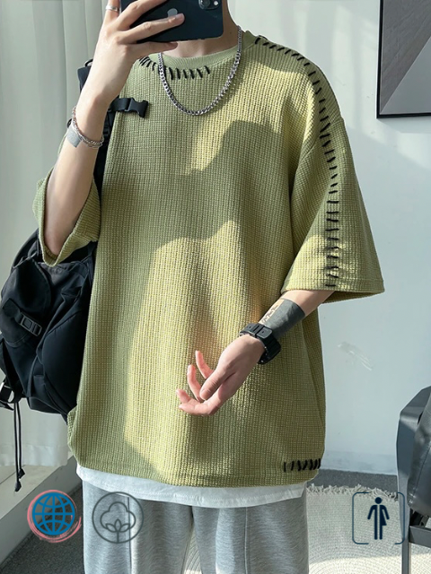 Waffle Sew T-Shirt   Anywear Men's Women’s Manual Sewing Summer Korean Man Oversized Short Sleeve Mens Tshirt Streetwear Unisex Tops Tees Korea T-shirts Trending for Man Woman in Green
