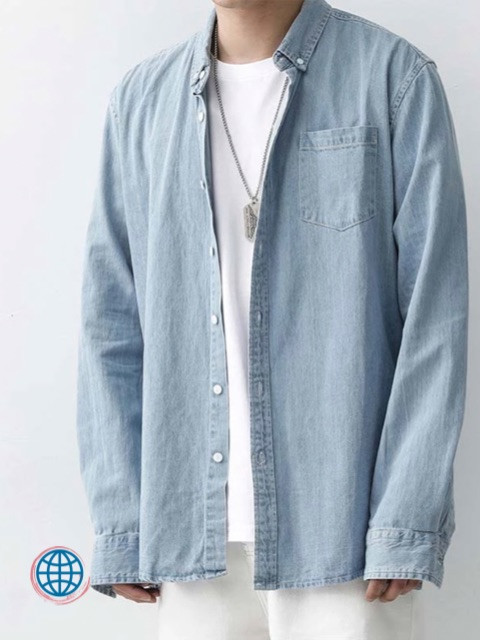 Denim Button-Collar Shirt   Mens Solid Turn-down Collar Leisure Loose Korean Fashion Male Jeans Long Sleeve Streetwear Plus Size Korea Shirts Trending for Man in Light Blue