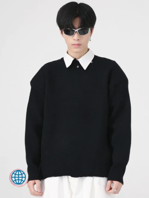 Damaged Worn Mockneck Sweater  Men's Autumn Winter Worn-Out Damage Design Simple Metal Knitted Korean Fashion Warm Male Ribbed edge Plus Size Pullover Korea Sweaters Trending for Man in Black