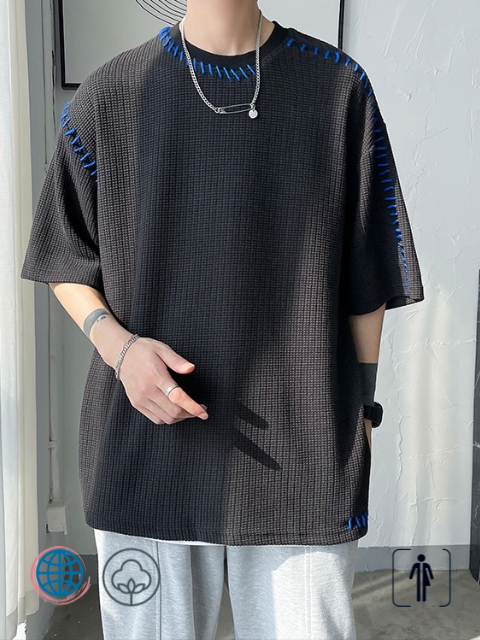 Waffle Stitch Sew T-Shirt   Anywear Men's Women’s Manual Sewing Summer Korean Man Oversized Short Sleeve Mens Tshirt Streetwear Unisex Tops Tees Korea T-shirts Plus Size Trending for Man Woman in Black