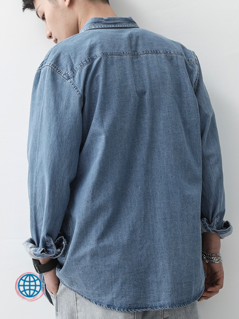 Denim Button Shirt   Mens Solid Turn-down Collar Leisure Loose Korean Fashion Male Jeans Long Sleeve Streetwear Plus Size Korea Shirts Trending for Man in Dark Blue