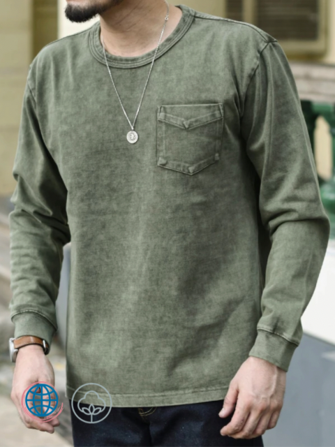 Stone Washed Top  Mens Round O-Neck Crewneck Tops & Tees Oldtime Cotton tee T-shirt Batik T-shirt long sleeve shirt Anti-deformation Soft  380g Plus Size T-Shirts Trending for Man in Green