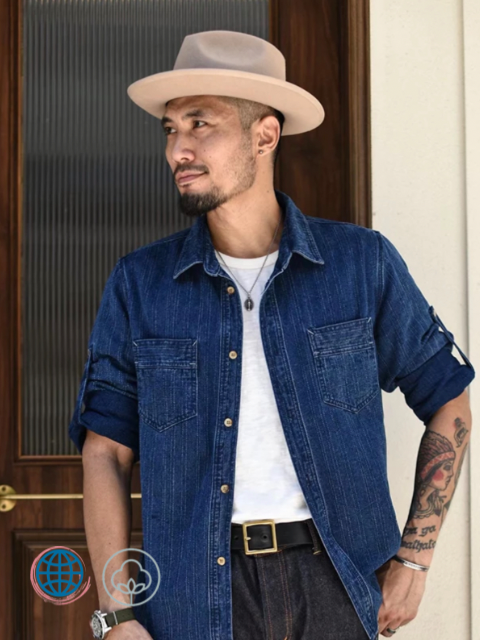 Distressed Denim Shirt    Mens Stripe Jacquard Japanese Sashiko Long Sleeve Autumn Japan Cotton Shirts Plus Size for Man in Dark Blue