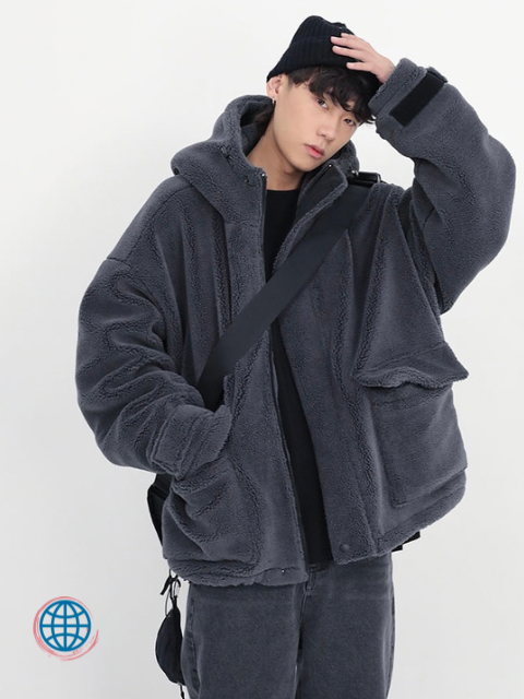 Vegan Sherpa Jacket   Mens Japanese Winter Thick Warm Oversized with Hood Zip Up Fluffy Loose Casual Faux Lamb Fur Coat Plus Size Trending Japan Outerwear for Man in Dark Gray / Grey