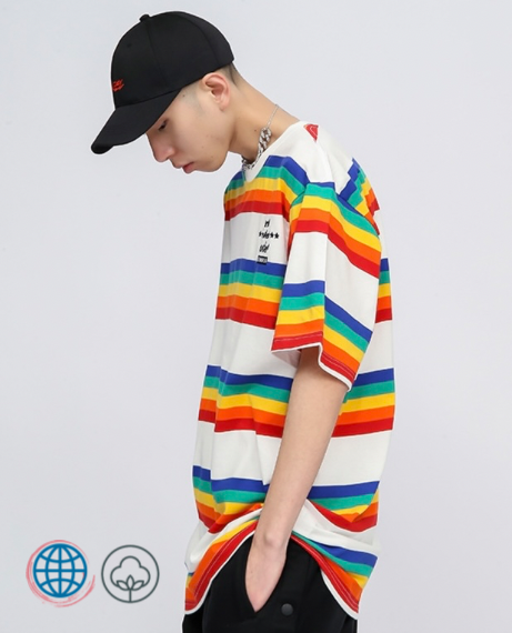 Rainbow Striped T-Shirt    Men's Summer Trendy Brand Round O-Neck Crewneck Short-sleeved Loose Street Hip-hop Five-point Sleeve PREVALENT HUNTER REMEMBER Letter Multicolor T-Shirts Plus Size Tops Trending for Man