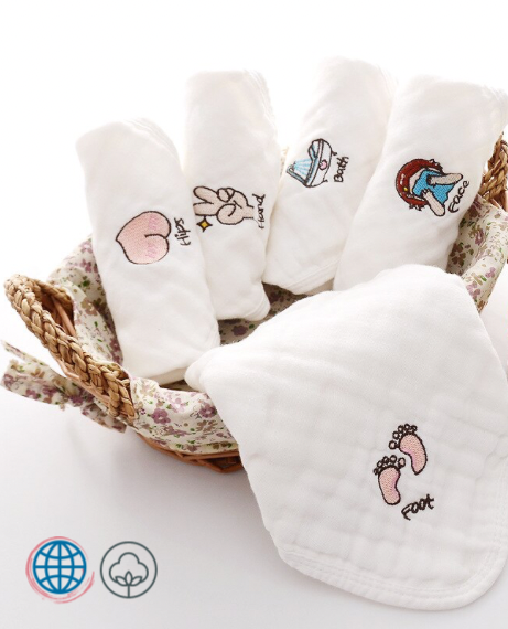 Cotton Face Towel 5-Piece 5PCS 30x30cm Unisex Baby Bubble Gauze Wipes Embroidery Cotton Saliva Towels Baby Wash Towel Small Square Children's Trending White Handkerchief  Wipe