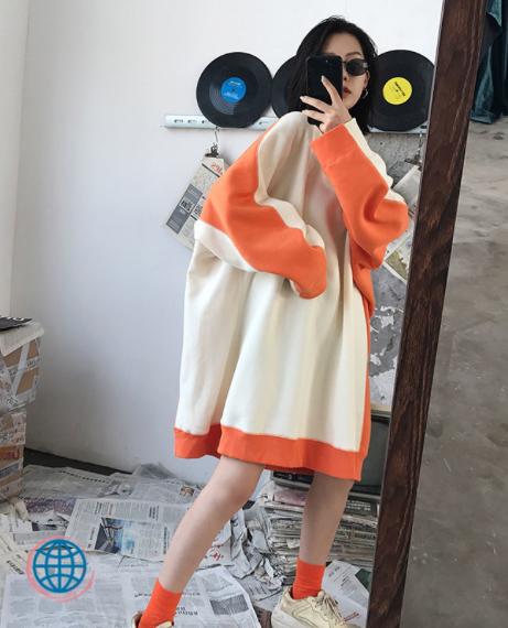 Maternity Crewneck Fleece Sweatshirt  Women’s Large Big Plus Size Loose Clothing Long Sleeve Female Tops Ladies Stitching Sweaters Skirt for Woman in Trending Orange Cream