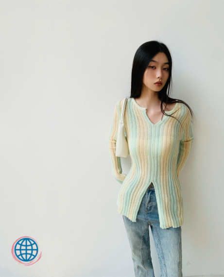 Ribbed Stripe Sweater  Women’s Ribbled Multicolor Pastel Color Rib Striped Knitted Spring V Neck Pullover Knitwear Long Sleeve Tops Rainbow Sweaters Clothing for trending Woman