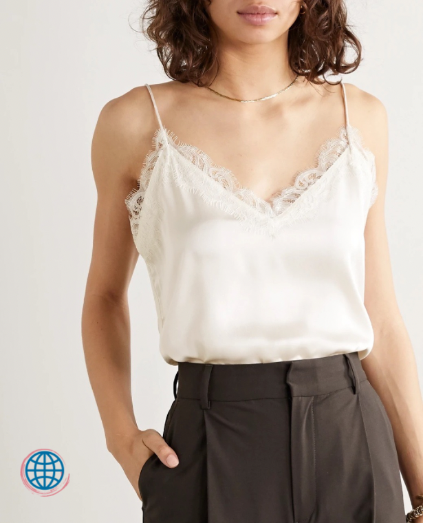 Pure Silk Camisole  Women’s Top 100% Real Mulberry-Silk Punk Punkrock Goth Gothic Charmeuse 19MM Lace Details Thin Straps Black Plus Size Tops for trending Woman in White