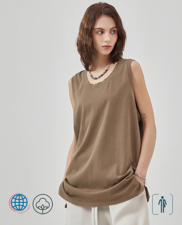 MiteigiYūki Oversized Scoopneck Sports T-Shirt  Genderful Unisex Anywear Mens Women’s American Sport Tee Top Retro High Street Kanye Washed Vest Fashionable Sleeveless Bottom Split Fitness Activewear Tops Plus Size T-Shirts for trending Man Woman in Brown