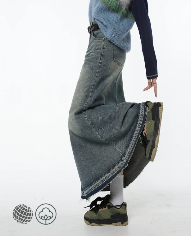 Denim Maxi Skirt   Women’s Indie Grunge Hippie Half Body Blue Gradient High Rise Waist Tassels Casual Korean Mid Length Bottoms Baggy Vintage Female Long Plus Size Skirts for trending Woman