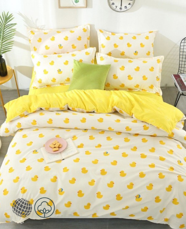 Cute Cotton Bedding Set    Queen Size Home Bed Sheet Single Linen King Sets trending Duvet Cover Bedroom with Yellow Duck print sheets