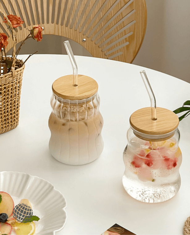 Mason Jar with Bamboo Lid and Straw 500ml Clear Glass Cup Juice Milk with Bamboo Lids Jars Drinkware Simple Cute Stripe Coffee Beer Mug Clear Drinkware Mugs Trending Transparent Glassware Cups