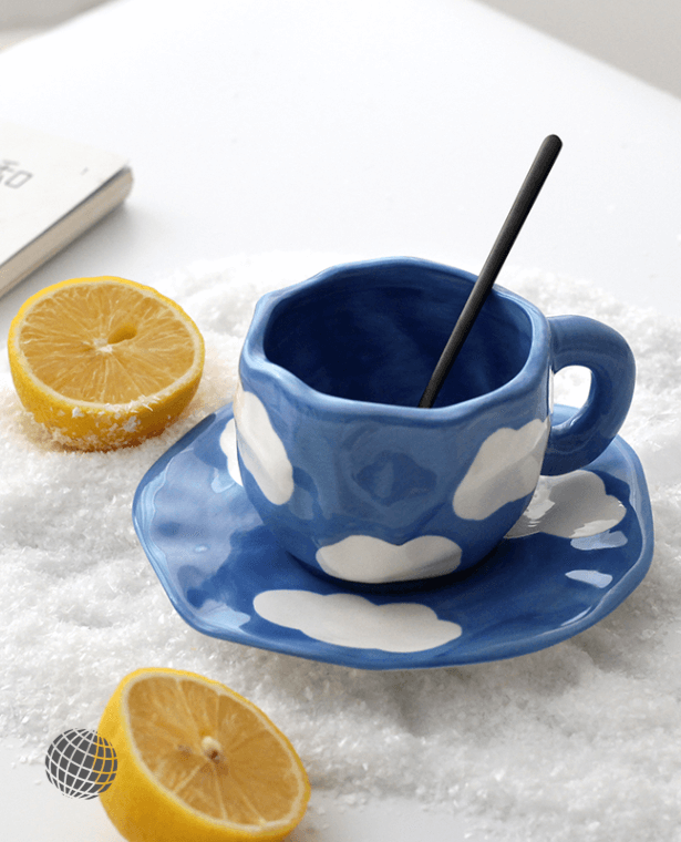 Japanese Hand Painted Coffee Mug with Saucer  The Blue Sky and White Clouds Ceramic Handmade Tea Water Milk Cup Cute Gift Trending Japan Mugs and Drinkware Cups