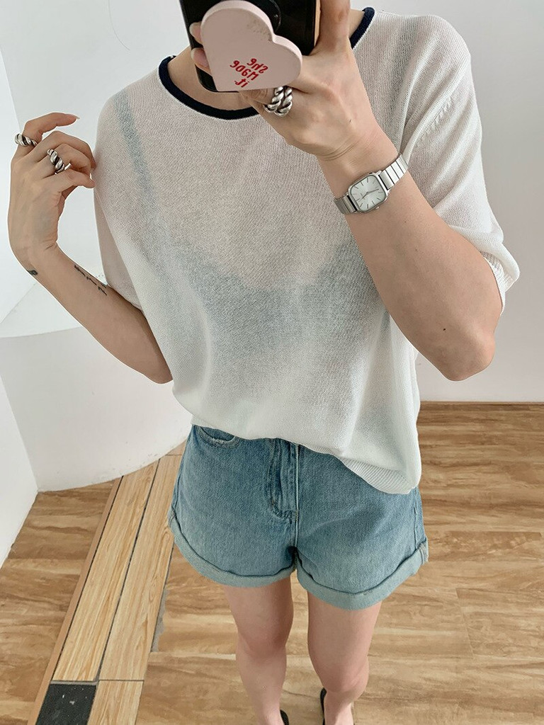 Thin Boatneck Top   Women’s Summer Linen Knitting Half Sleeve Blouse Fashion Round Neck Contrast Color Semi Sheer Casual Lady Tops Tees Blouses for woman in trending White black trim