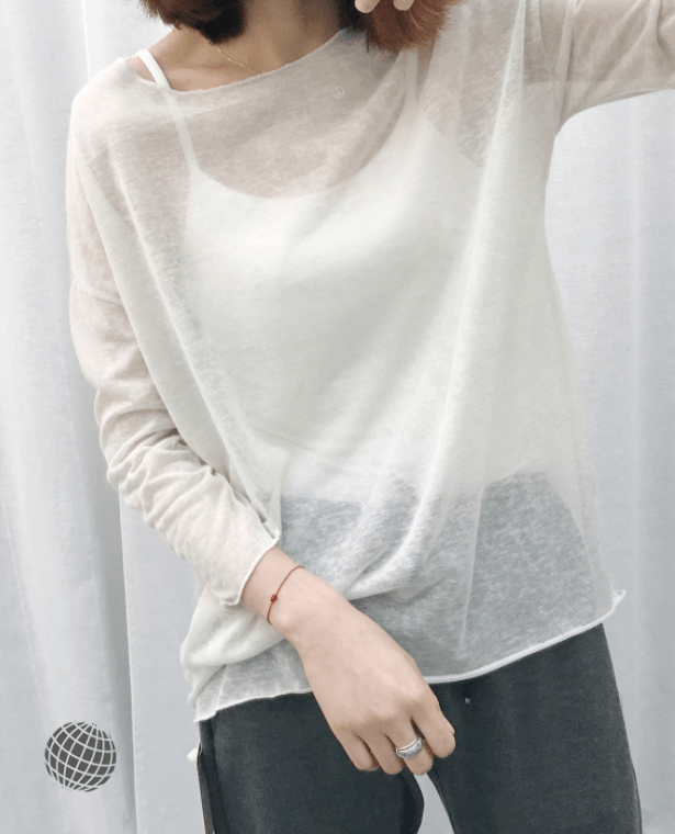 Sheer knit Top   Women’s Summer Knitted Blouse Slashneck Tees Thin See Through Casual T Shirts O Neck Solid Loose Tops Three Quarter Sleeve Blouses for Woman in trending White