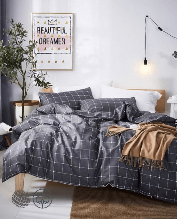 Modern Bedding Set   3/4pcs Geometric Grid Printing with Bed Sheet Comforter Pillow case Duvet Cover Sets in trending Dark Gray grey White squares