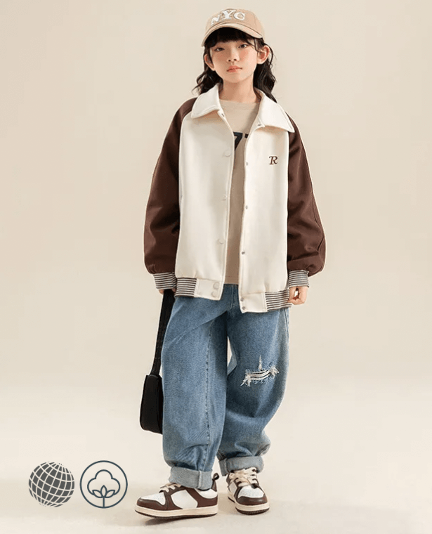 Sportswear Baseball Jacket  Girls Spring Autumn Uniform Casual All-match Kids Outerwear Patchwork Children Coats Girl Jackets in trending Beige Brown