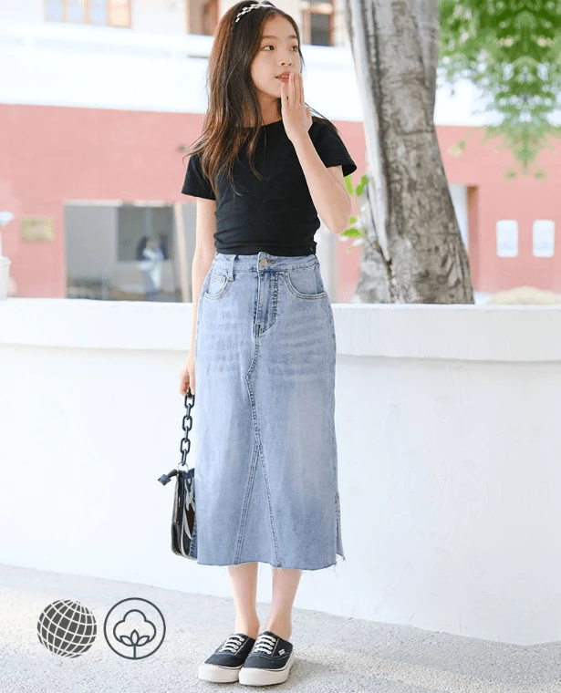 Mid-Calf Denim Skirt  School Girls Summer Straight fit Light Blue Casual for Children trending Fashion All-match Teenage Kids Skirts 13 14 Years Teens