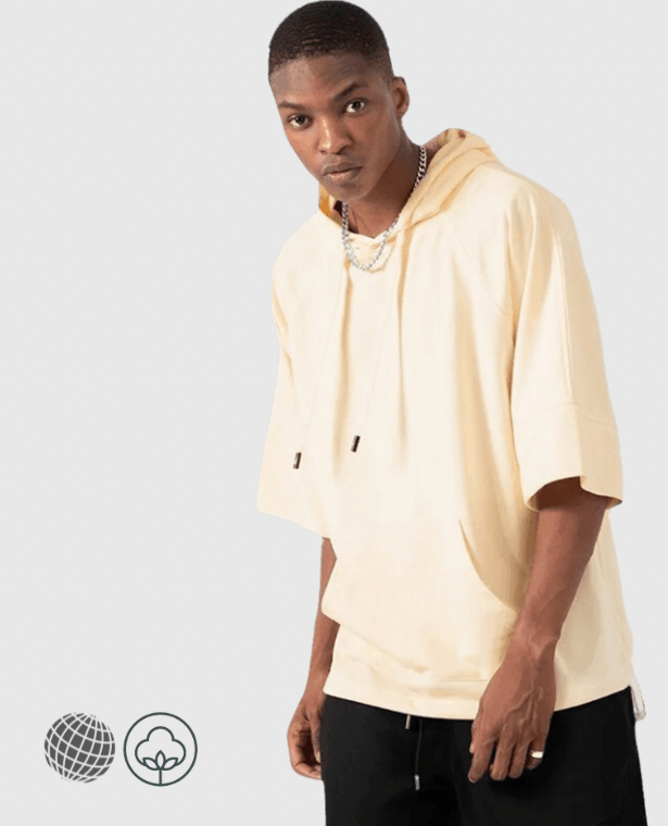 Loose-Fit Hoodie T-Shirt  Mens Summer Short Sleeve Loose Plus Size Xxxl Fashion Drawcord Hooded Drop Shoulder Tshirt Fitness Tees Sportswear Tops Hoodies for trending Man in Cream Khaki