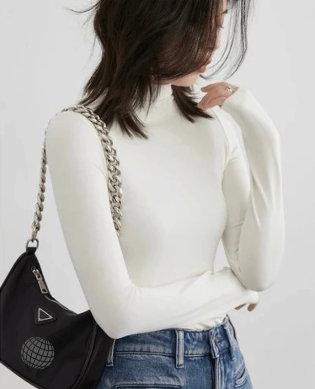 Mockneck T-Shirt  Women's Multi Color Tees Base Shirt Slim Fit Female Tops Office Ladies Clothing Spring Autumn T-Shirts for trending Woman in Creamy-white