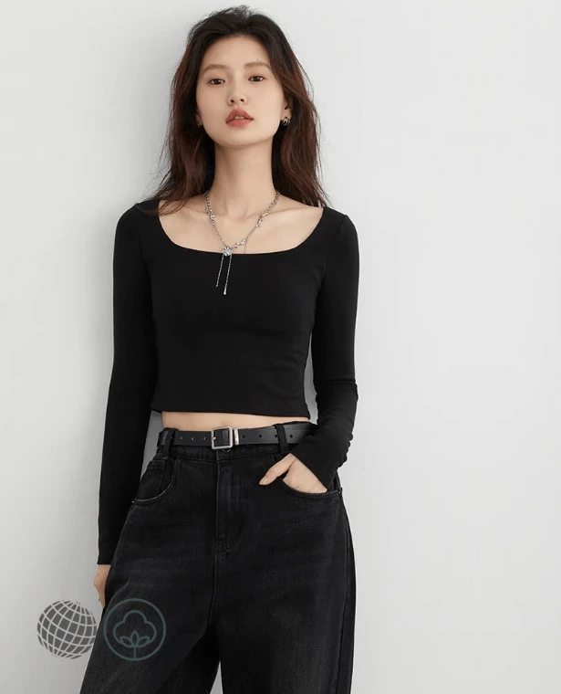 Bottom Square-Neck T-Shirt  Basic Women’s Tees Knitted Shirt Long Sleeve Womens Tops Autumn Spring Clothing T-Shirts for trending Woman in Black