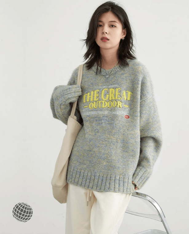 Embroidery Crewneck Sweater light gray  Women's Contrast Round O-Neck Knitwear Colorful Silk Mahai Pullovers Womens Jumpers Autumn Spring Sweaters for trending Woman in grey Green The Great Outdoor