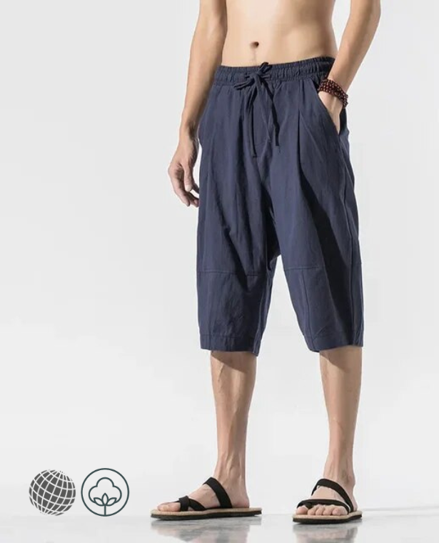 Short Cropped Pants in Cotton-Linen   Men’s Summer Cotton Linen Chinese Style Loose Breathable Casual Lace Up Plus Size 4xl 5xl Shorts for trending Man in Navy Blue