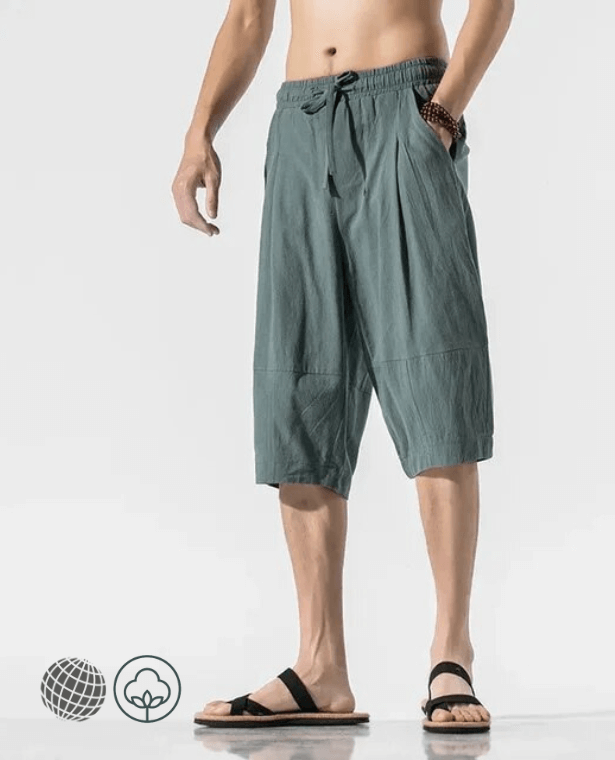 Cropped Pants in Cotton-Linen   Men’s Summer Cotton Linen Short Chinese Style Loose Breathable Casual Lace Up Mens Mid rise waist Shorts Plus Size 4xl 5xl for trending Man in Cyan-blue