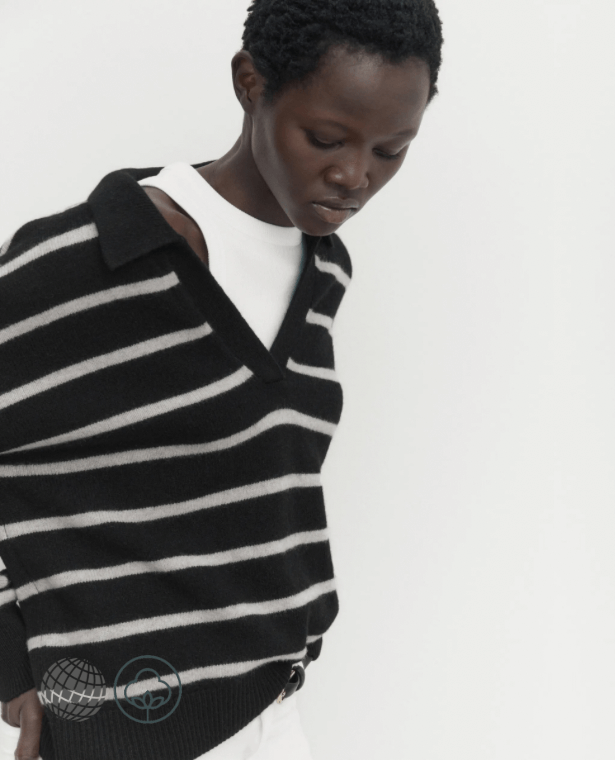 Stripe Polo Sweater  Women’s autumn Casual lazy soft waxy wool blend womens striped v-neck petite size sweaters for trending Woman in black